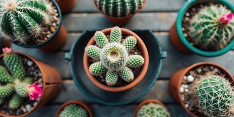 Cacti Arranged in Flower Pots from Above with Copy Space for Text Display on a Rustic Wooden Surface