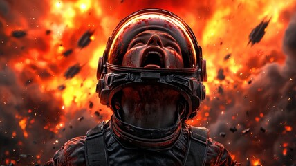 A lone astronaut on a ruined Earth, looking up as an alien fleet prepares its final strike