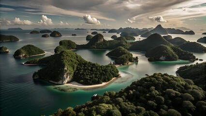 an aerial view captures a breathtaking landscape of many lush, green islands scattered across a serene ocean. The water reflects the sky's cloudy ambiance, creating a picturesque scene
