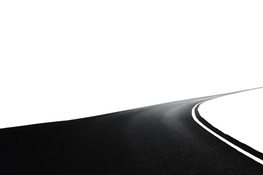 A curved asphalt road with white lines isolated on white background.PNG
