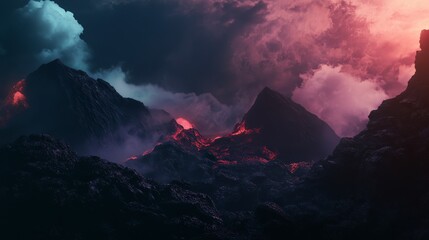 A breathtaking view of a volcanic landscape, with fiery lava flows and dramatic clouds