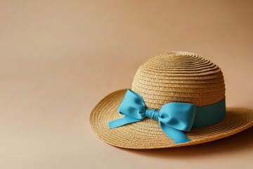 Straw hat adorned with a bright blue ribbon is displayed