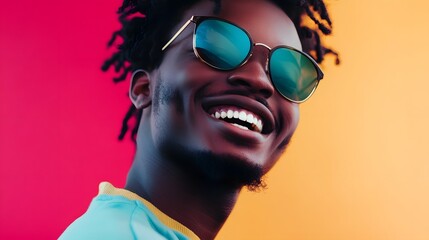 Stylish young African man with dreadlocks and sunglasses smiling enthusiastically against a vibrant colorful urban background exuding confidence and a lively youthful spirit