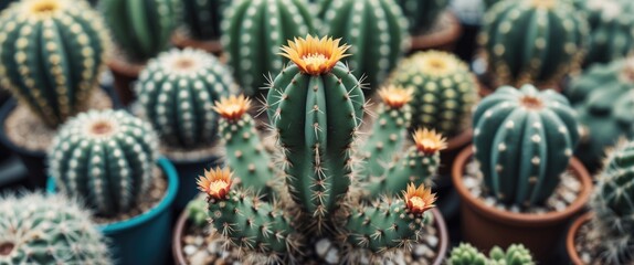 Fototapeta premium Vibrant Cactus Flowers in Macro Photography with Greenery Background and Copy Space for Text Display