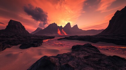 Fiery Volcanic Landscape at Sunset: A Majestic Mountain Range with Lava Flow