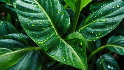 Obraz premium Lush Calathea Leaves with Raindrops Macro Photography Vibrant Green Foliage Natural Botanical Background with Copy Space for Text