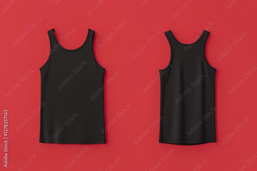 Poster black tank tops displayed against a vibrant red background showcasing their simple design and versat