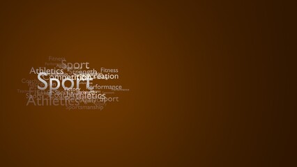 Obraz premium Minimalist sports-related word cloud with a focus on 'Sport' and 'Athletics' on brown background