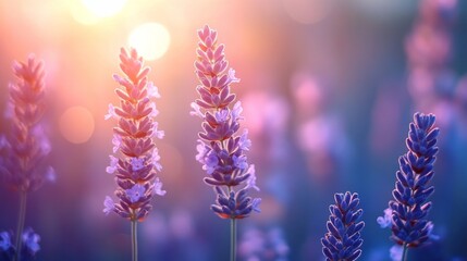 Obraz premium Purple Lavender Flowers Grow Beautifully Under Bright Sunlight Above Fields