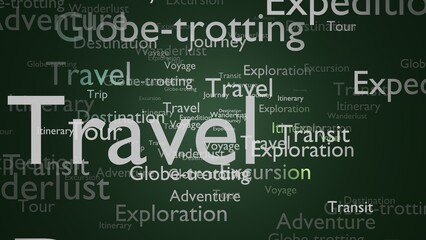 Travel-themed word cloud with keywords like adventure, exploration, and transit on dark green background