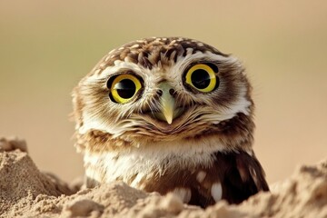 Obraz premium Funny Burrowing Owl: Curious Owl Tilts Its Head Outside Burrow