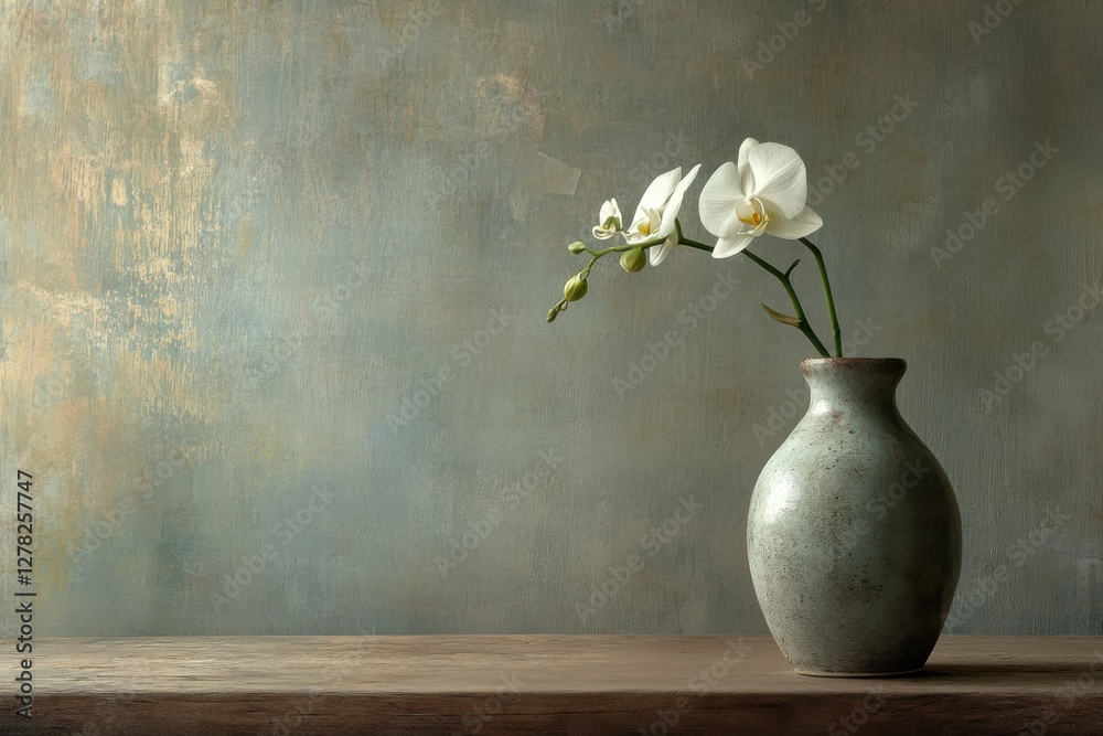 Poster elegant white orchid displayed in a textured vase on a wooden table with a muted background