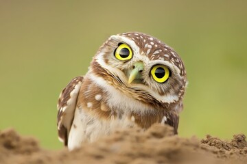 Obraz premium Funny Burrowing Owl Tilted its Head Curiously Outside the Burrow