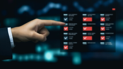 Fototapeta premium Data Selection: A modern man's hand interacting with a digital interface, selecting and reviewing data points with precision, signifying informed decisions in a dynamic digital landscape. 