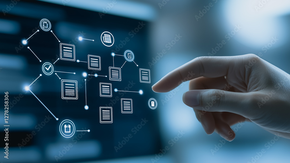 Poster digital touch: a close-up captures the moment a finger interacts with a screen displaying a network 
