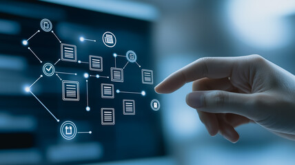 Digital Touch: A close-up captures the moment a finger interacts with a screen displaying a network of icons and connections, representing data flow, processing, and technology integration.