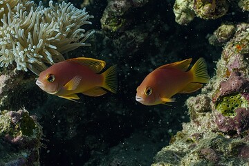 Fototapeta premium Two Golden Yellowtail Parrotfish Swim Near Coral