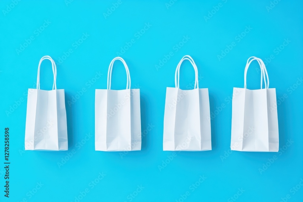Poster four blank shopping bags arranged on a bright blue background creating a minimalist display for reta