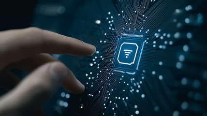 Connecting to Innovation: A person's finger taps a digital circuit board, highlighting the modern Wi-Fi symbol and signifying seamless connection, tech advancement, and modern communication.