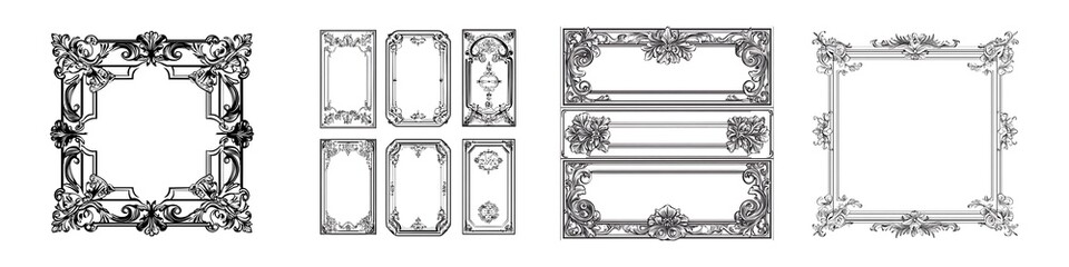 Set of elegant antique decorative frame in black line art, isolated on transparent background