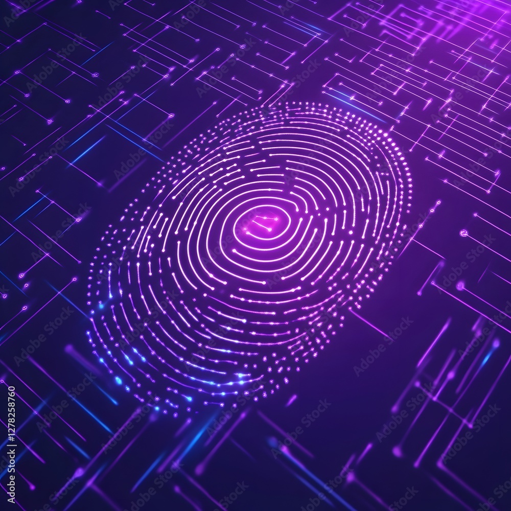 Poster This digital showcases a futuristic fingerprint biometric identification system featuring a spiral pattern of data points and abstract shapes in a cyberpunk inspired color palette of purple blue