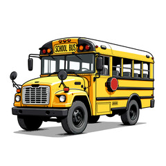 Illustration of a yellow school bus driving on an empty road, childhood joy