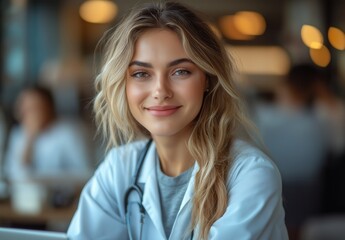 Fototapeta premium A female doctor in a white medical uniform sits at a desk in her workplace.