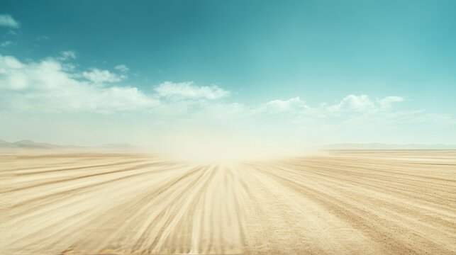 Drag racing car racing on an open desert track under a clear blue sky. Featuring speed and isolation
