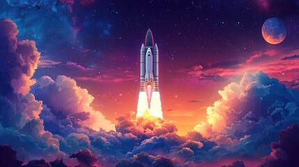 A Vibrant Rocket Launch Against a Stunning Cosmic Skyline Featuring Colorful Clouds and Gentle Celestial Bodies at Dawn