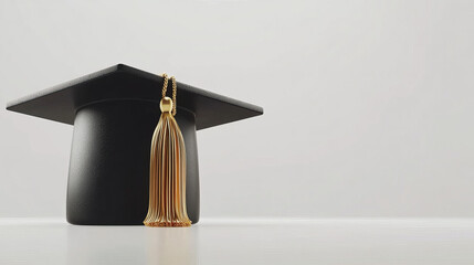 3D illustration of academic hat with golden tassel isolated on white background. Black graduate cap. Mortarboard icon for education website design. School, college, university. 3D Illustration