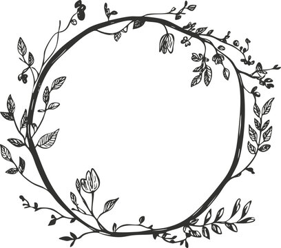 Elegant circular floral frame with decorative vines and leaves illustration.
