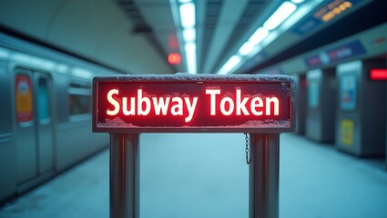 Subway token sign illuminated in a quiet station during winter