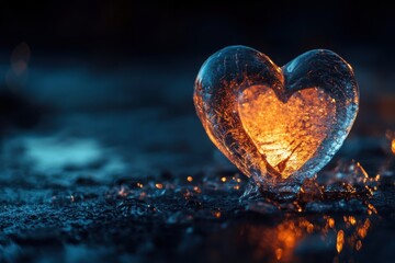 Fototapeta premium Heart-shaped ice sculpture illuminated from within creates a dreamlike winter atmosphere at night