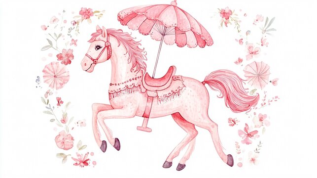 Pink Carousel Horse Watercolor Illustration