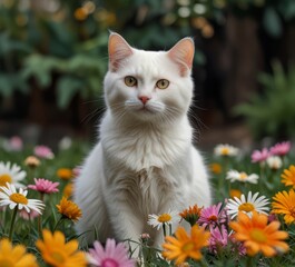 white cat on a background of flowers