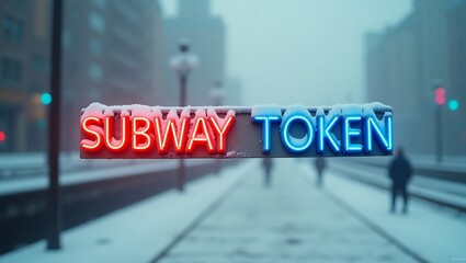 Captivating subway token sign in a snowy cityscape during winter
