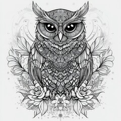 Obraz premium Ornate Mandala Owl with Floral Surroundings Intricate Line Art Drawing