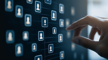 Connecting to the Network: A hand interacts with a digital interface showcasing interconnected profile icons, suggesting concepts like networking, data connections, social engagement.