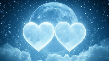 Obraz premium Glowing Hearts Underneath a Full Moon in a Starry Night Sky