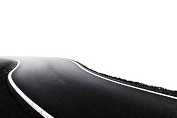 A curved asphalt road with white lines isolated on white background.PNG