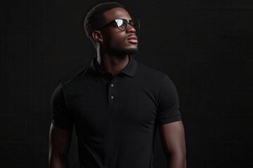 Obraz premium Stylish man in a black polo and sunglasses poses confidently against a dark backdrop