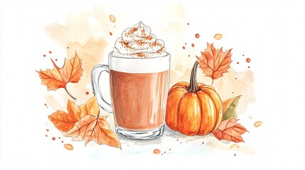Watercolor Illustration of a Pumpkin Spice Latte