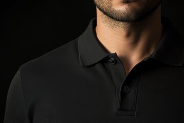 Man in black polo shirt against dark background with a focus on facial features and neckline in a soft light