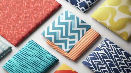 Realistic fabric piece swatch sample mockup vector template with zigzag. Isolated tailor fold textile label on notepad icon set. 3d sewing material with linen canvas texture for palette presentation