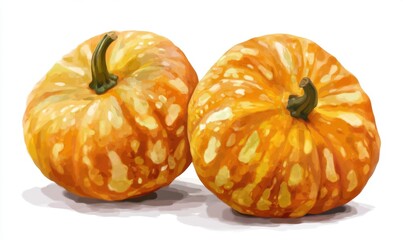 Two ripe, vibrant pumpkins resting on a clean surface, showcasing their unique textures and colors
