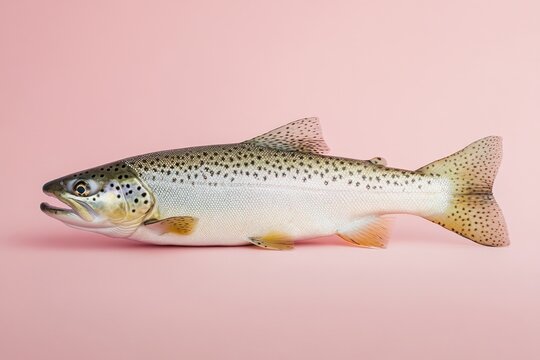 A speckled brown trout lies against a pink background