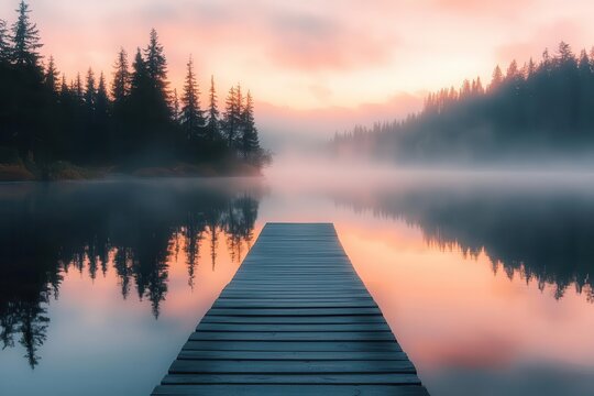 misty lakeside sunrise with wooden pier stretching into calm waters soft pink and orange sky reflections and silhouetted pine trees