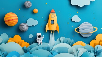 Obraz premium A Playful Scene of an Astronaut Preparing for Launch Amidst Colorful Paper Planets and Clouds in a Whimsical Space Environment