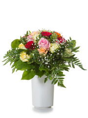 Bouquet with a variety of roses in a vase isolated on white background