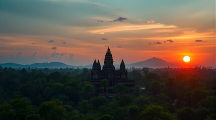 Sunset Over an Ancient Temple Surrounded by Jungle